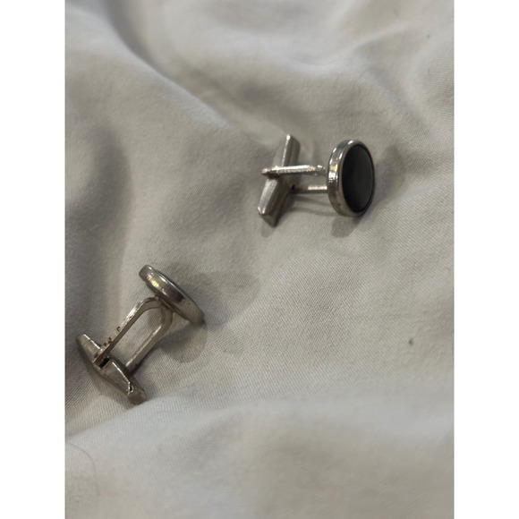 Mens Silver Tone Cufflinks Set of Two Black Stone Square Round Formal